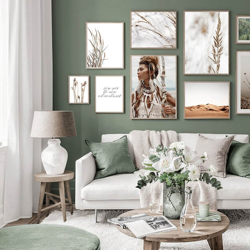 Poster Indianerin Wüste Blätter Trocken Blumen  | Bilder Wohnzimmer | Wandbilder Schlafzimmer | Deko Print ohne Rahmen | Bilder Set