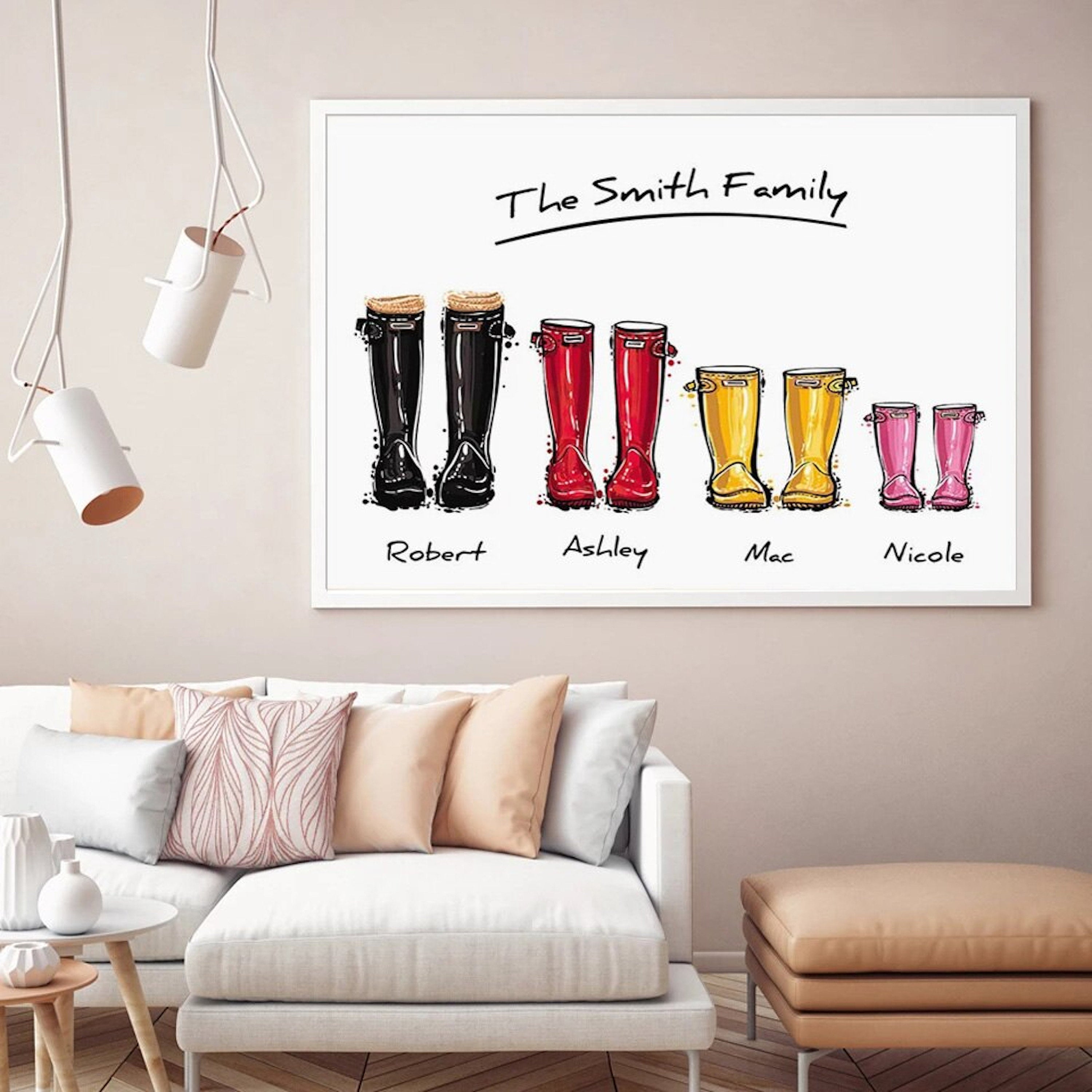 Poster Familie Personalisiert Namen Gummistiefel und Pfoten als Deko Print ohne Rahmen