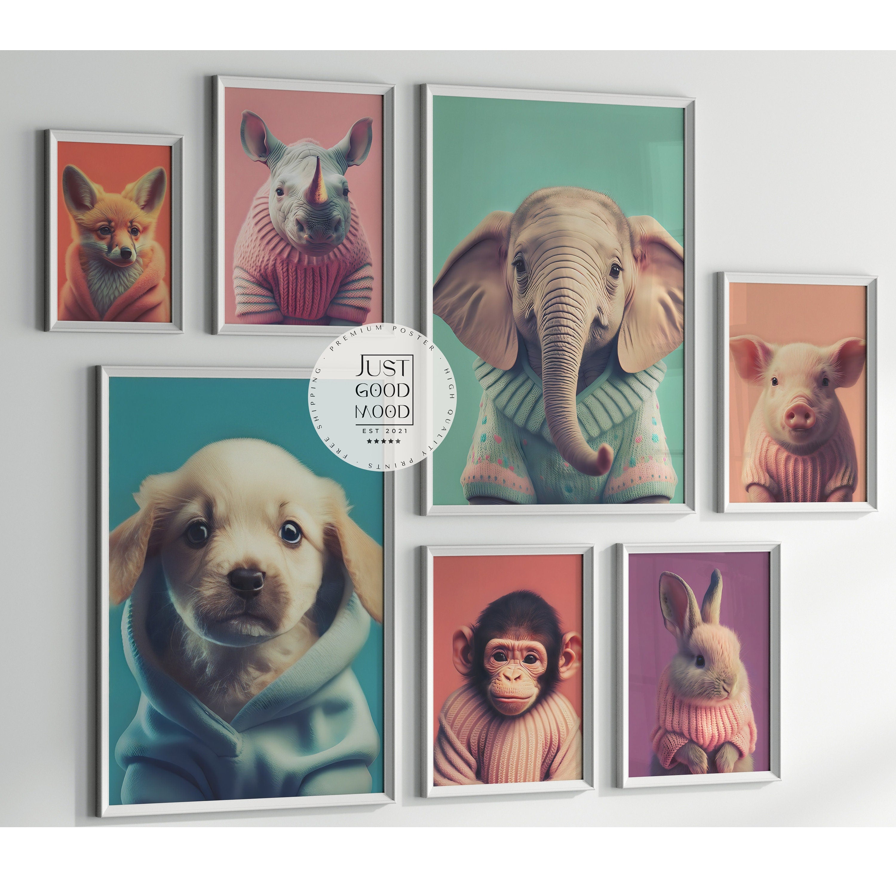Kinderzimmer Poster Tiere Fuchs Elefant Bär Nashorn Erdmännchen · Kinderzimmer Bilder · Wand Deko · Kunst Druck · Deko Print · ohne Rahmen